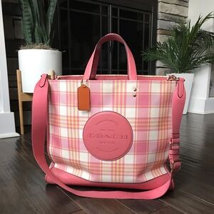 Dempsey Tote Crossbody Bag 40, Garden Plaid Print And Coach Patch, C8200, Pink